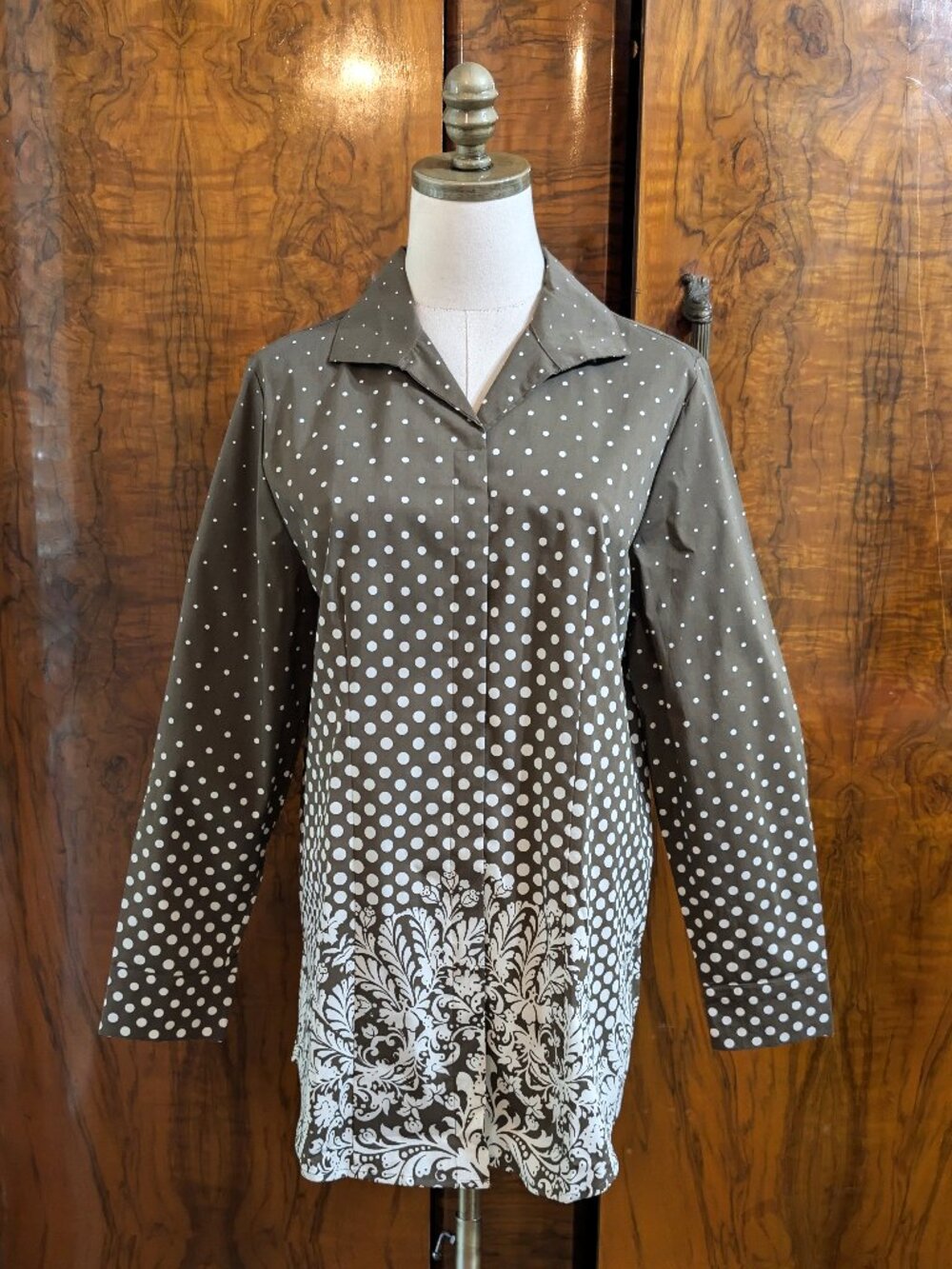 Chico's Cottagecore Polka Dot Tunic Shirt M 1 Brown White Floral Border Retro